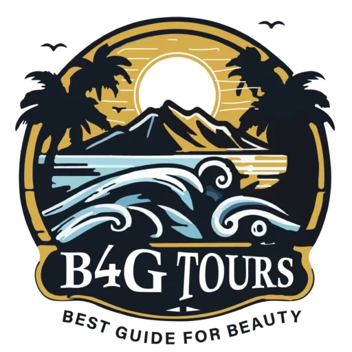 logo B4G Tours isla con palmas montaña y olas